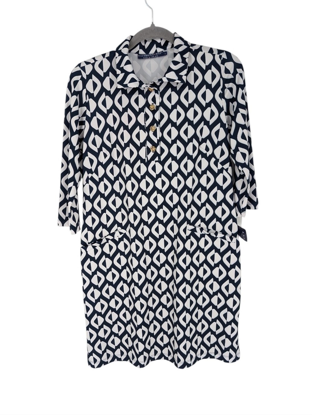 Katherine Way Geometric Print Dress Performance Stretch Blue White Small NWT